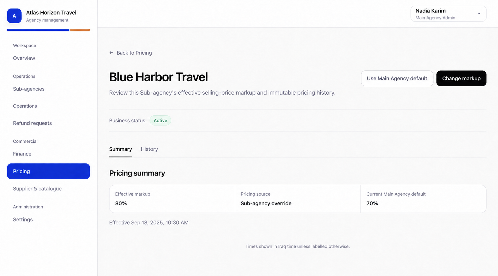 WLEP Main Agency workspace with fictional Atlas Horizon Travel, Blue Harbor Travel and Nadia Karim, showing an 80 percent override, 70 percent default and September 18, 2025 timestamp.